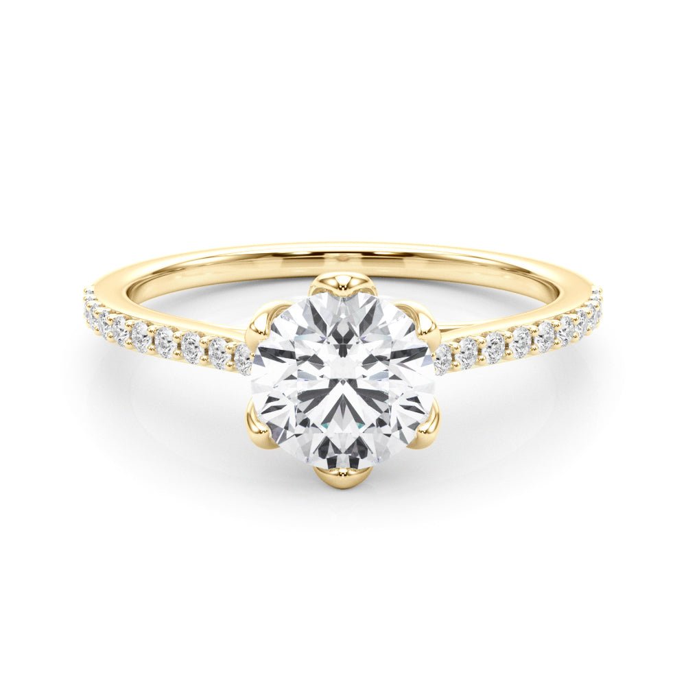 Round Diamond Six Petal Prong Engagement Ring Yellow Gold Front