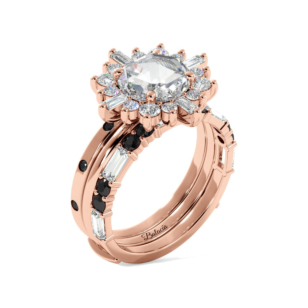 Round Rose Cut and Baguette Halo Black Diamond Ring Set - Balacia