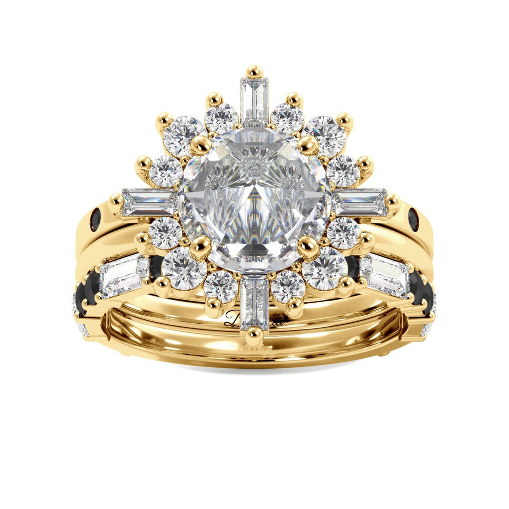 Round Rose Cut and Baguette Halo Black Diamond Ring Set - Balacia