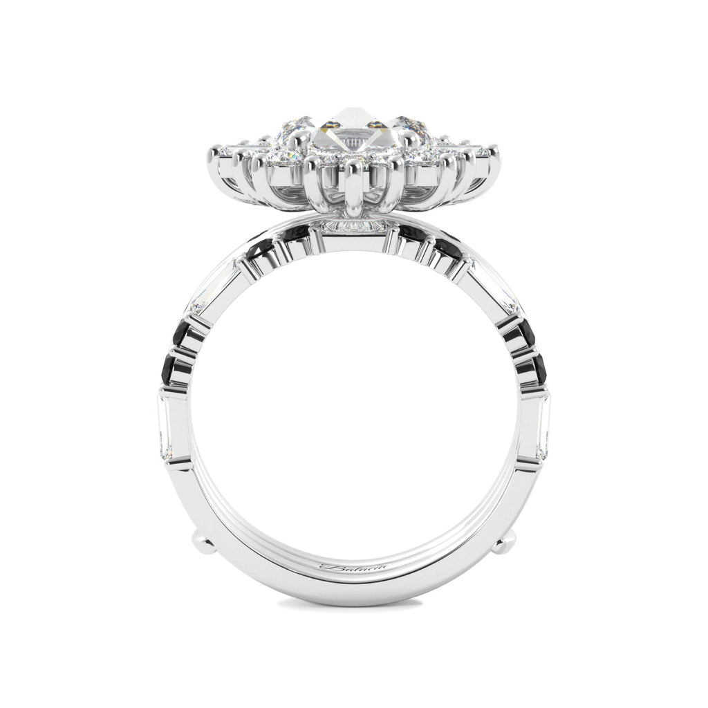 Round Rose Cut and Baguette Halo Black Diamond Ring Set - Balacia