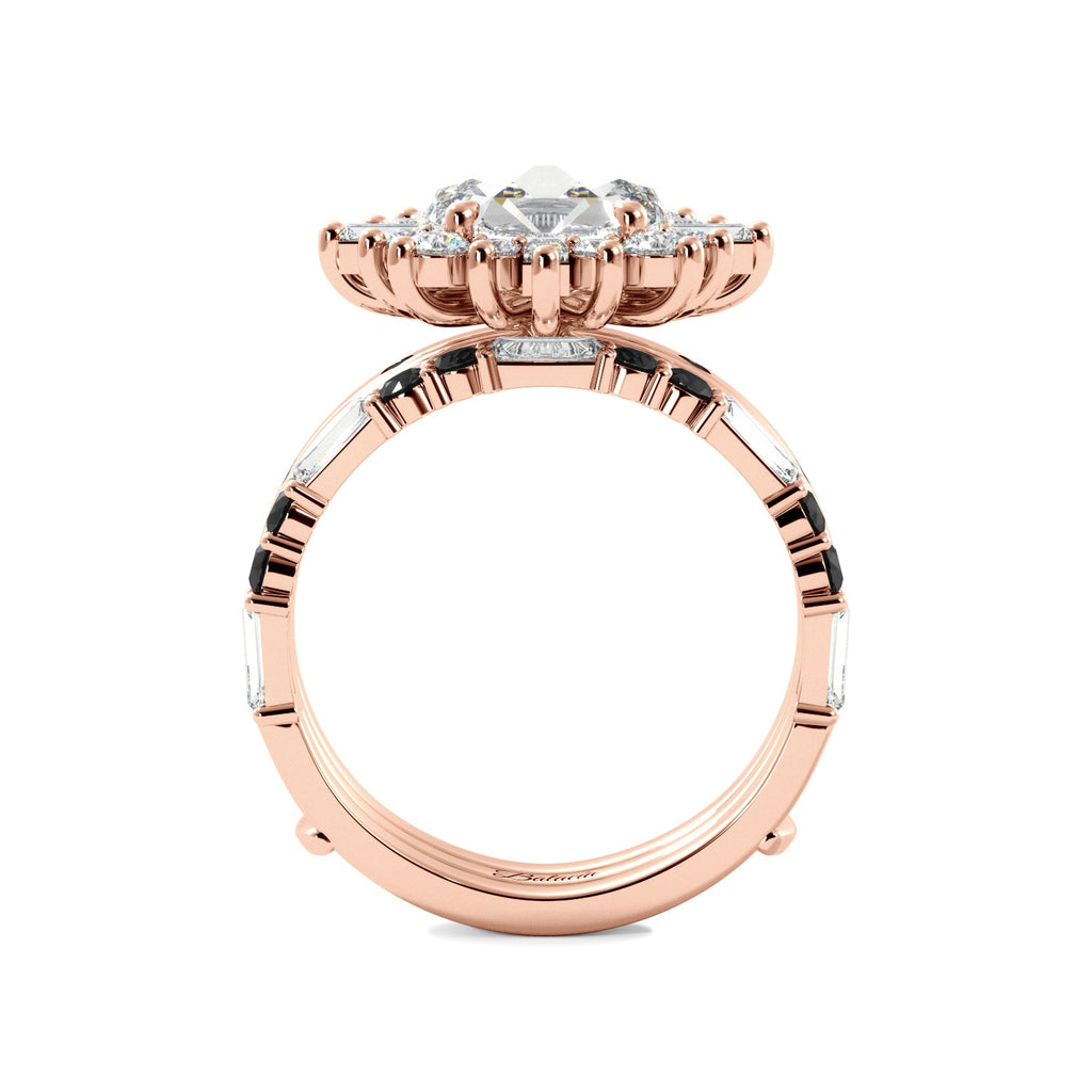 Round Rose Cut and Baguette Halo Black Diamond Ring Set - Balacia