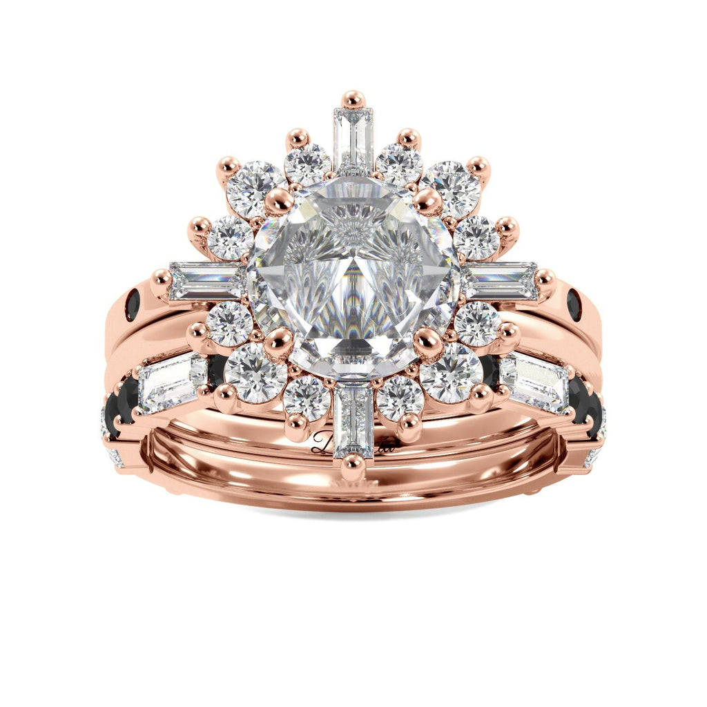 Round Rose Cut and Baguette Halo Black Diamond Ring Set - Balacia