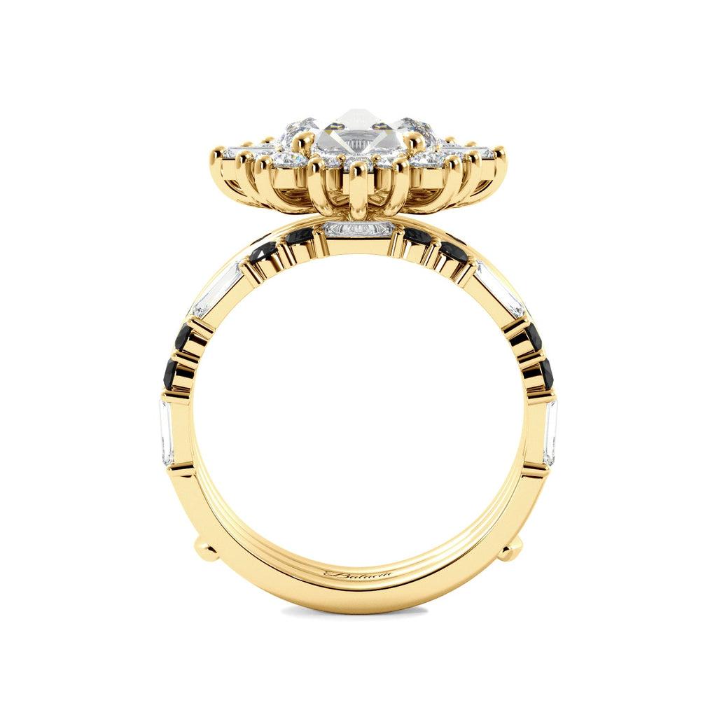 Round Rose Cut and Baguette Halo Black Diamond Ring Set - Balacia