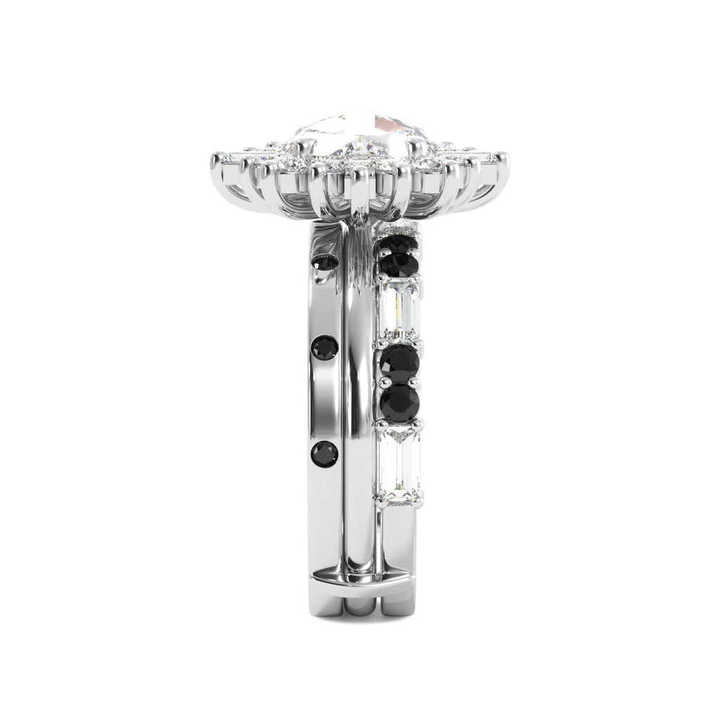 Round Rose Cut and Baguette Halo Black Diamond Ring Set - Balacia