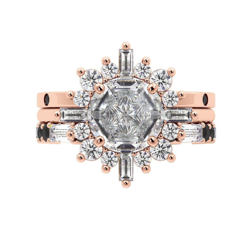 Round Rose Cut and Baguette Halo Black Diamond Ring Set - Balacia