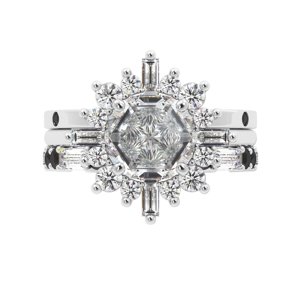 Round Rose Cut and Baguette Halo Black Diamond Ring Set - Balacia