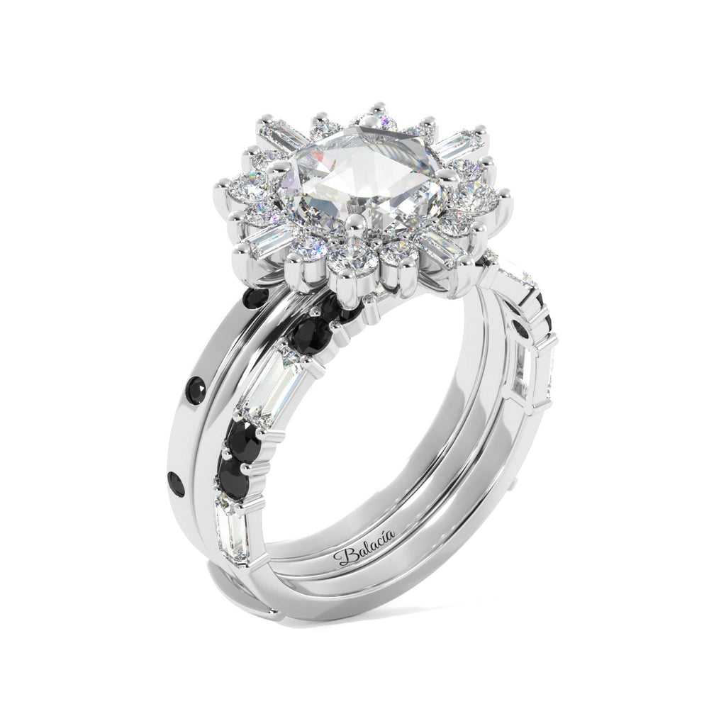 Round Rose Cut and Baguette Halo Black Diamond Ring Set - Balacia