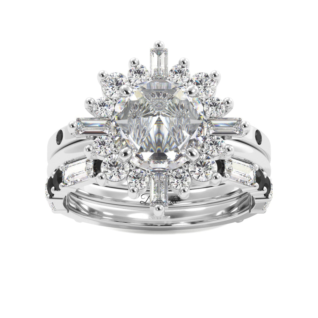 Round Rose Cut and Baguette Halo Black Diamond Ring Set - Balacia