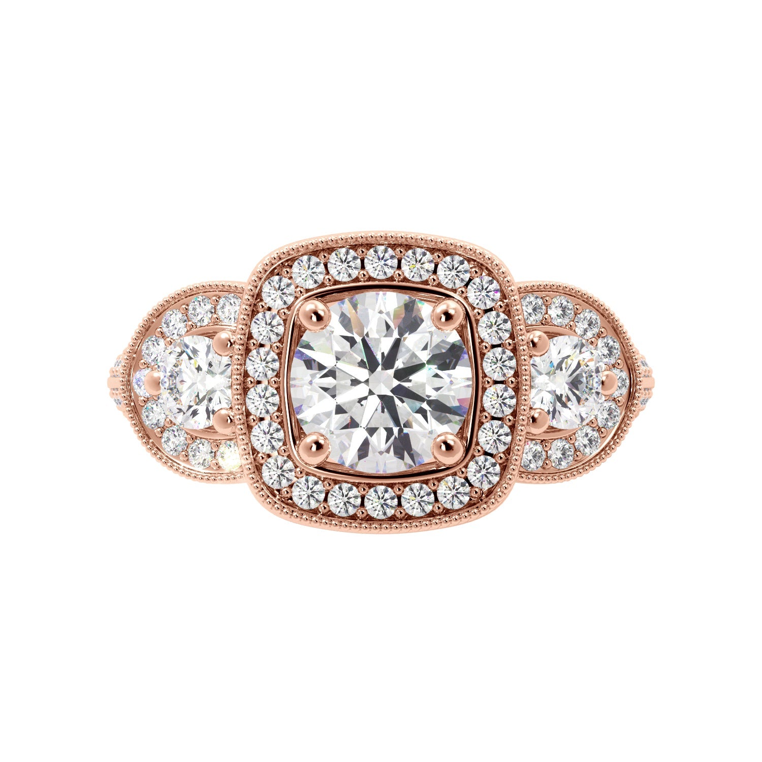 Round Three Stone Vintage Glam Diamond Engagement Ring - Balacia