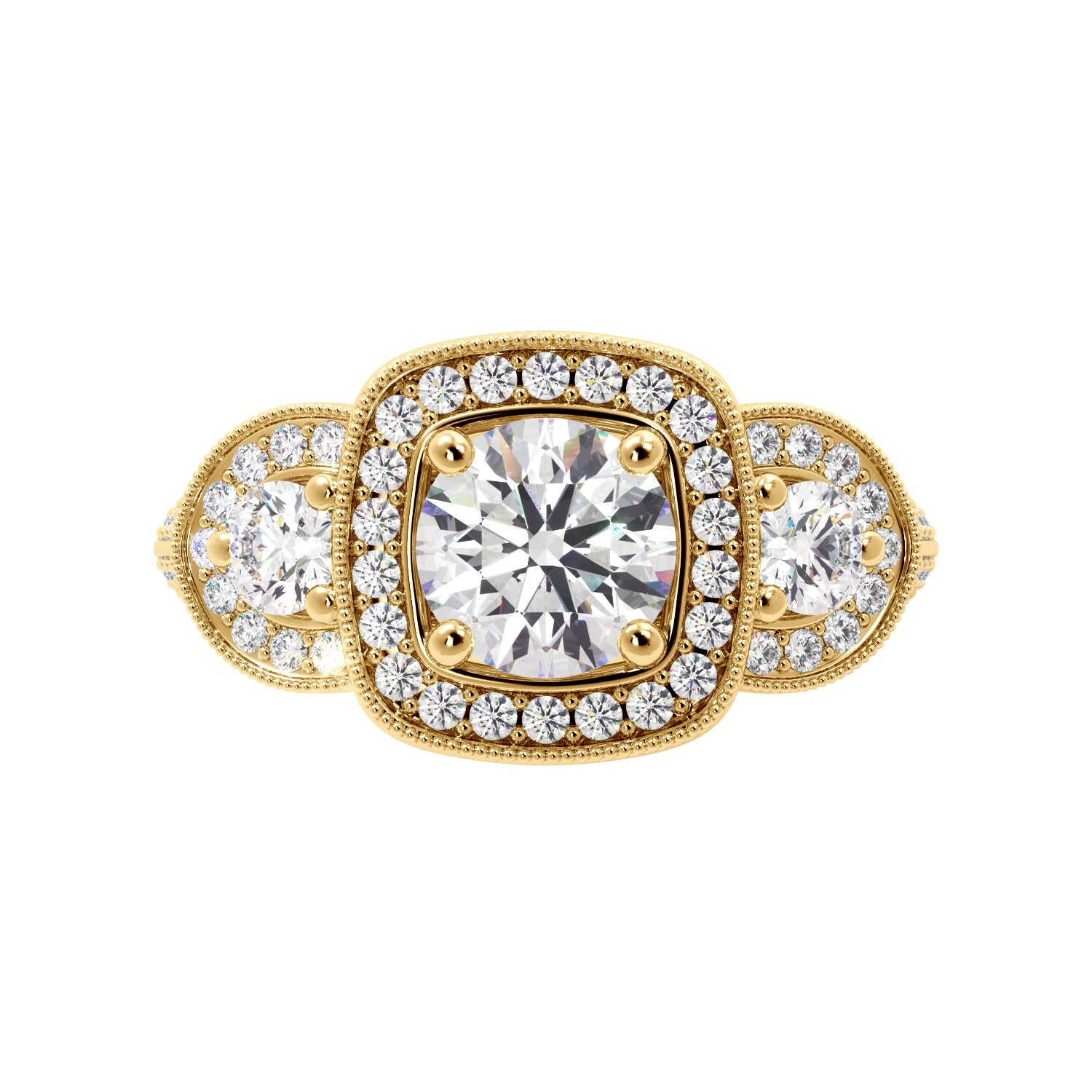 Round Three Stone Vintage Glam Diamond Engagement Ring - Balacia