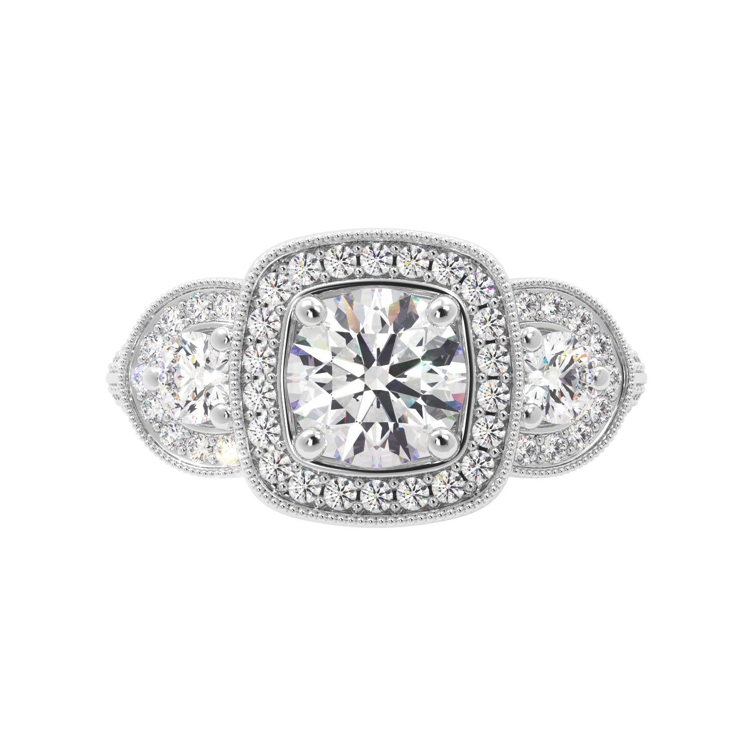 Round Three Stone Vintage Glam Diamond Engagement Ring - Balacia