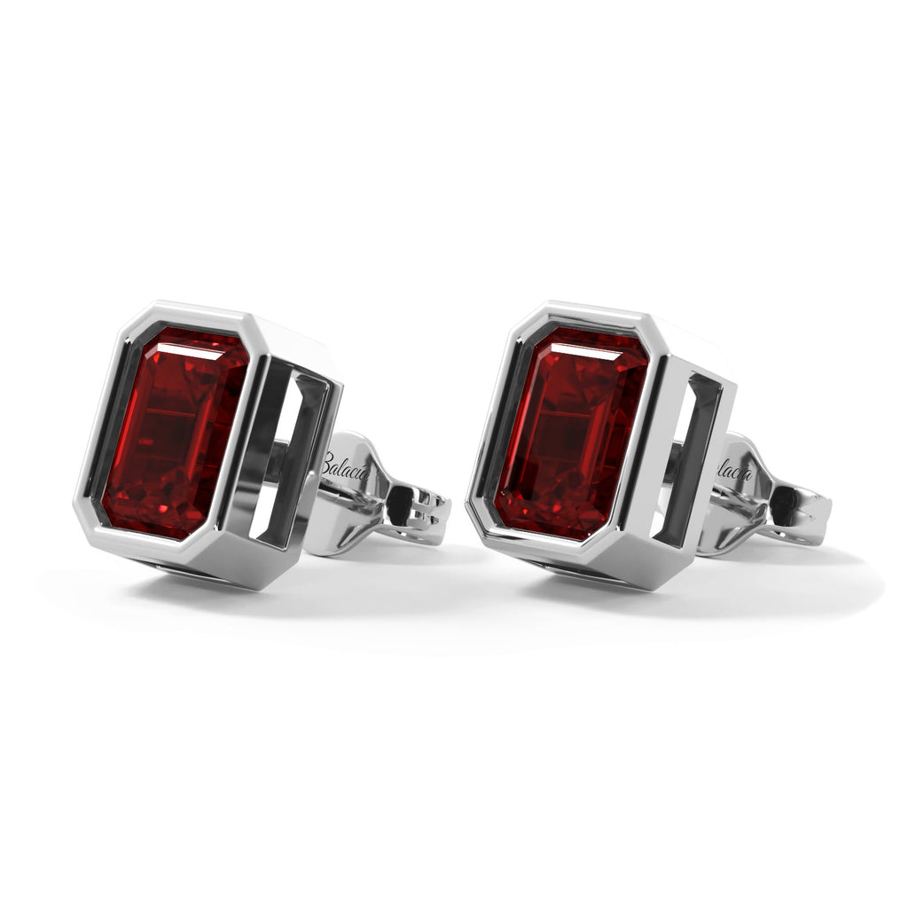 Ruby Emerald Cut Diamond Bezel Stud Earrings