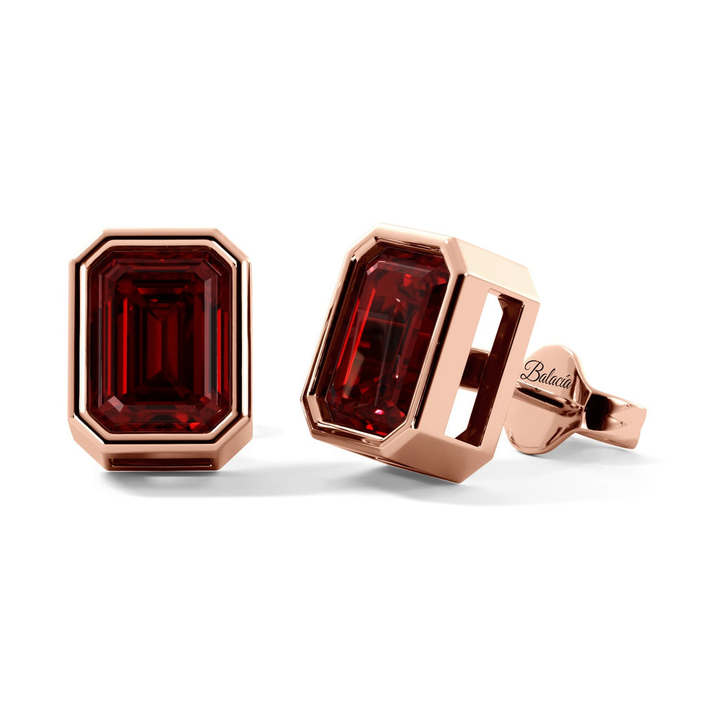 Ruby Emerald Cut Rose Gold Bezel Stud Earrings