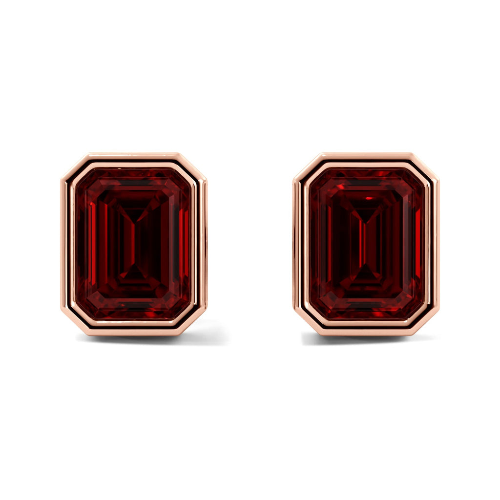 Rose Gold Ruby Emerald Cut Bezel Stud Earrings