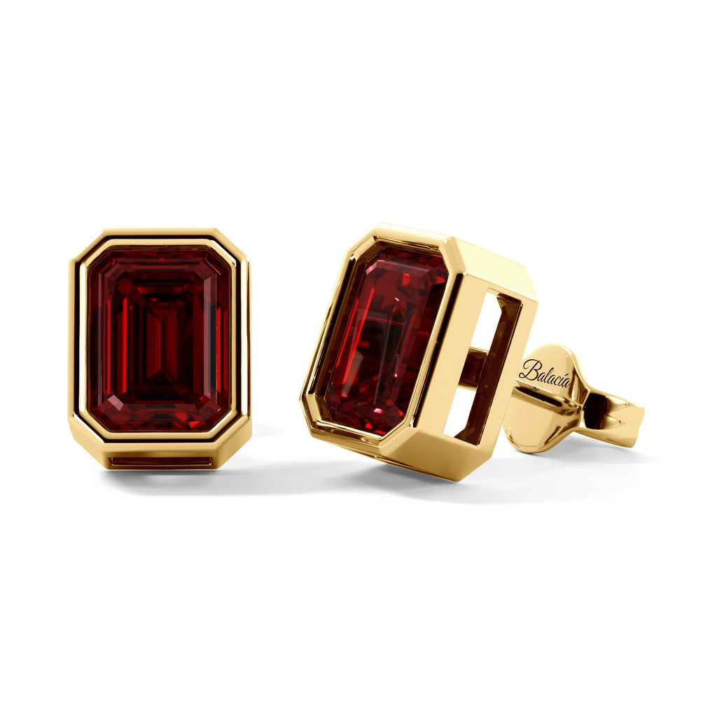 Ruby Emerald Cut Gold Bezel Stud Earrings