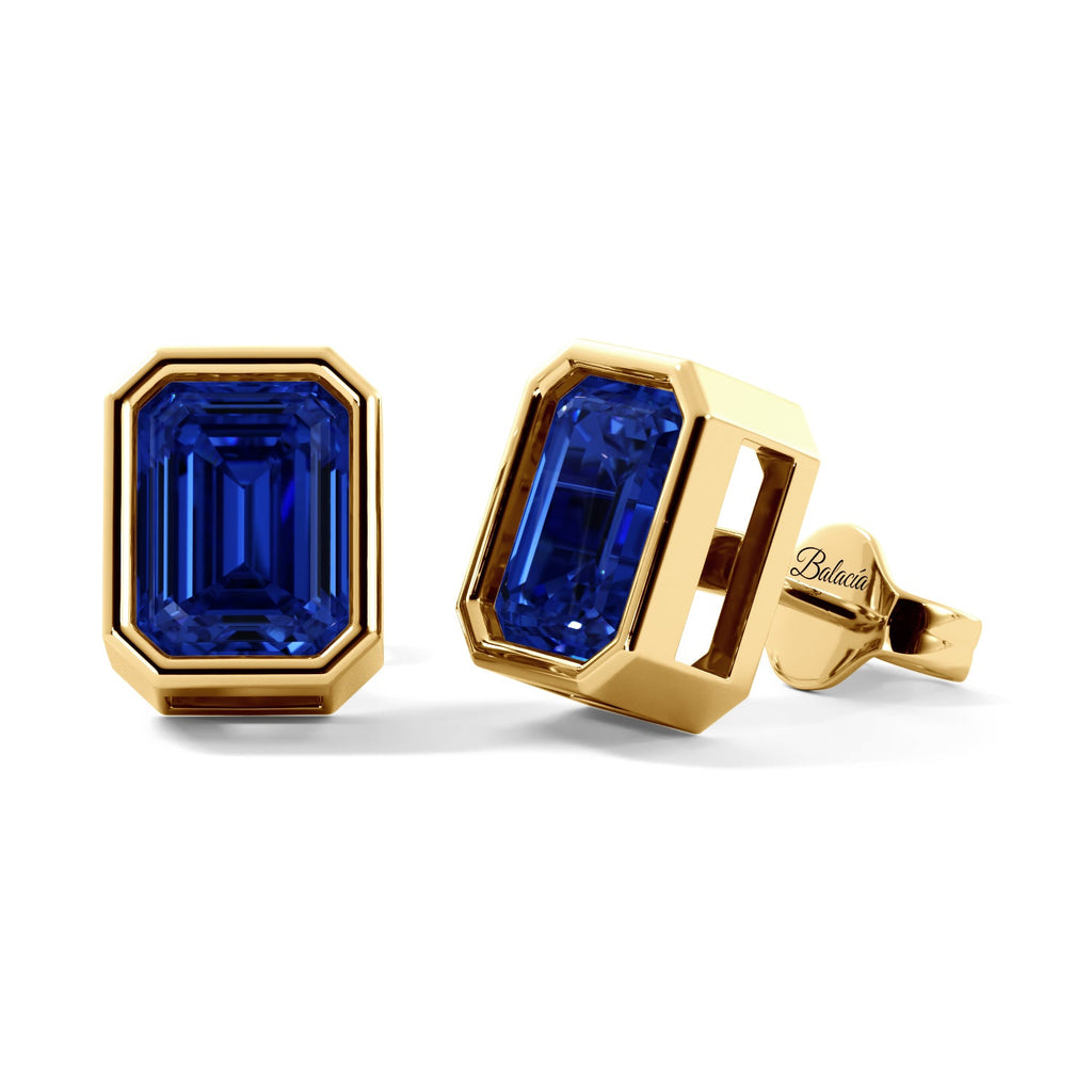 Blue Sapphire Emerald Cut Gold Bezel Stud Earrings