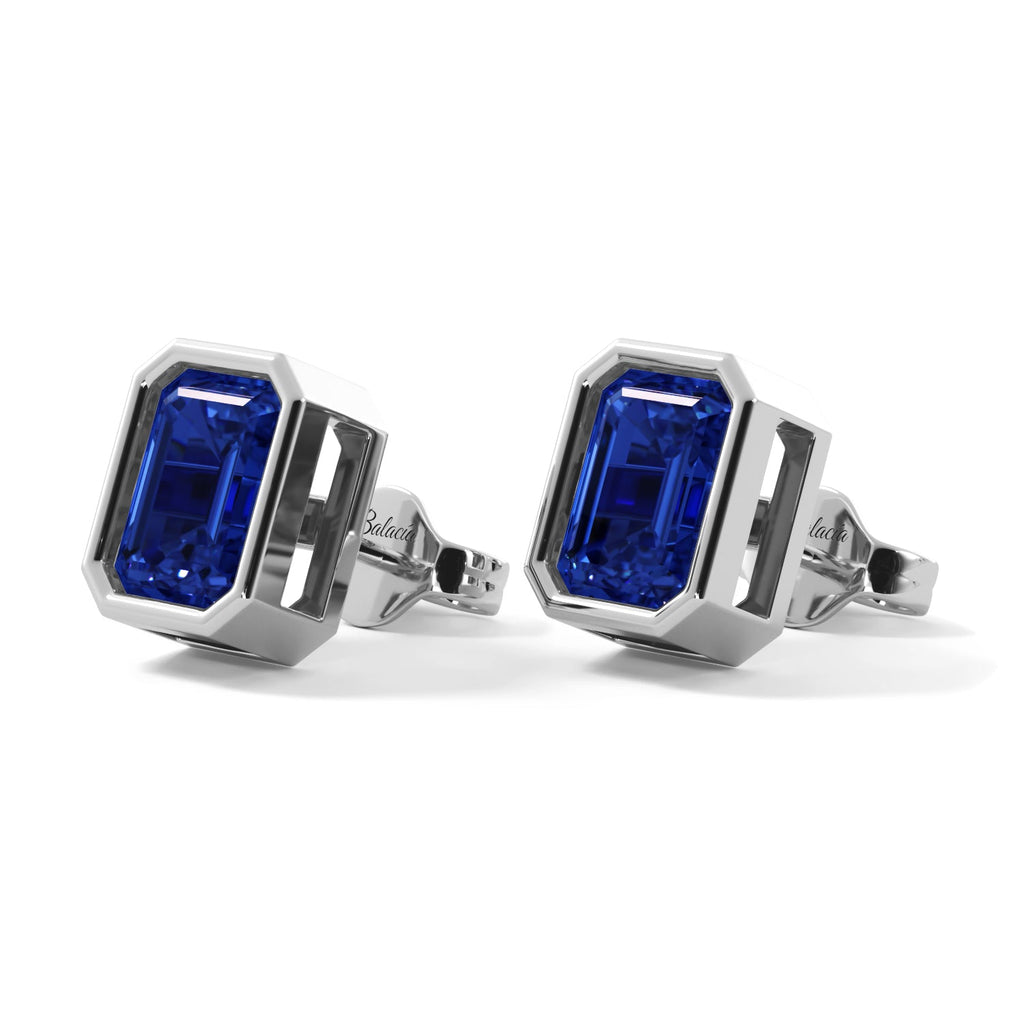 Emerald Cut Blue Sapphire Bezel Stud Earrings