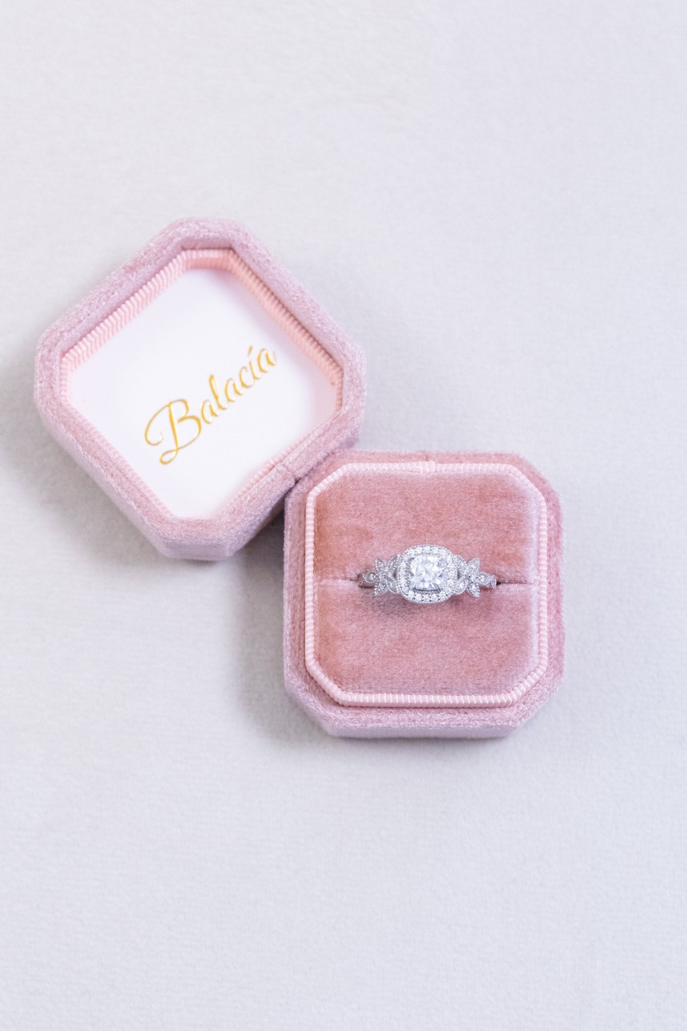 Vintage Inspired Cushion Cut Halo Moissanite Ring Floral Motif - Balacia