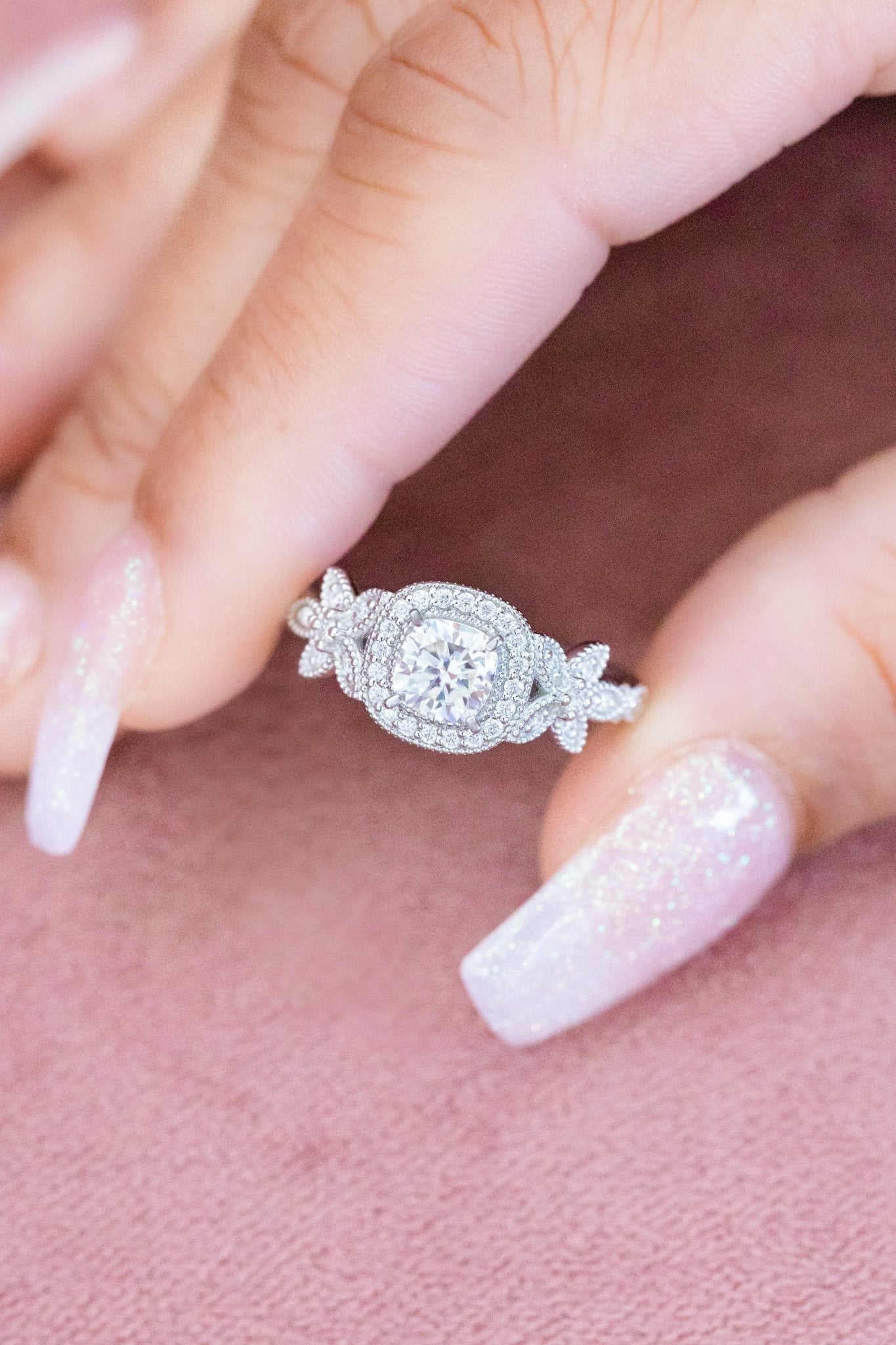 Vintage Inspired Cushion Cut Halo Moissanite Ring Floral Motif