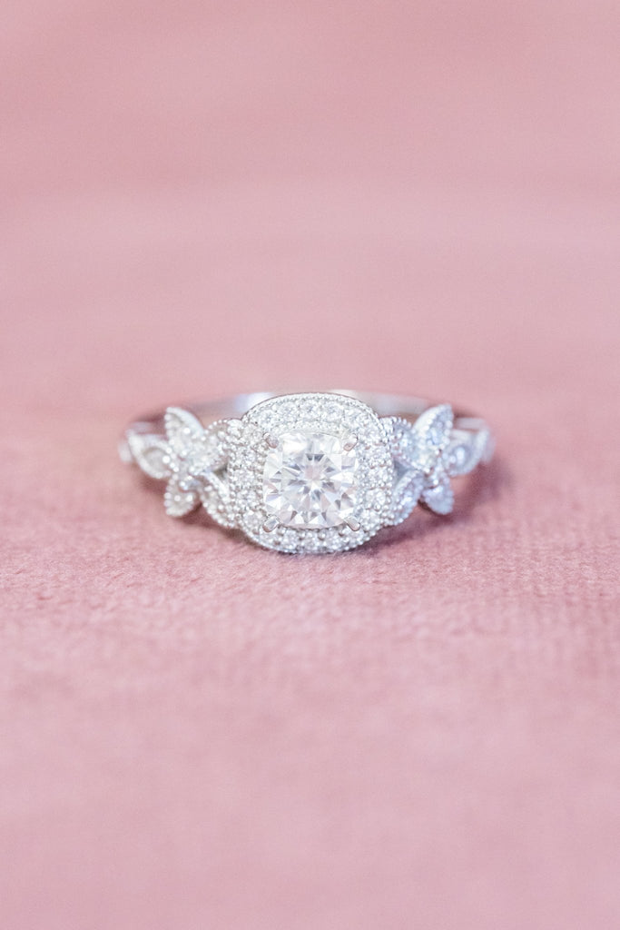 Vintage Inspired Cushion Cut Halo Moissanite Ring Floral Motif - Balacia