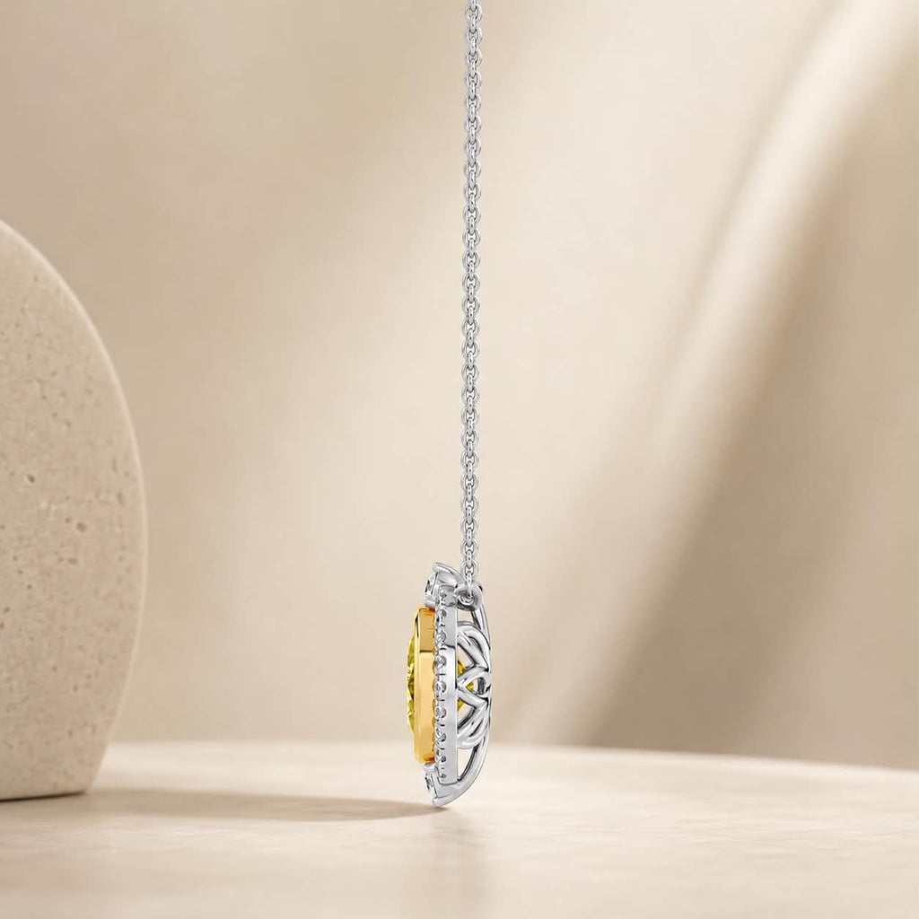 Yellow Diamond Vintage Inspired Halo Heirloom Necklace Side