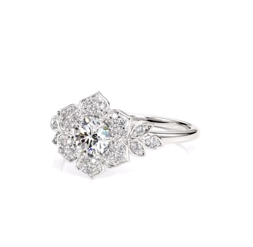 Floral Round Moissanite Engagement Ring