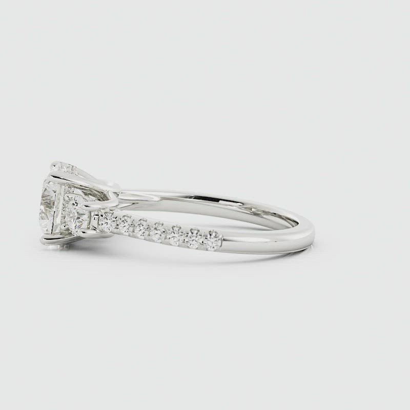 Round Moissanite Three-Stone Engagement Ring Pave Band Video