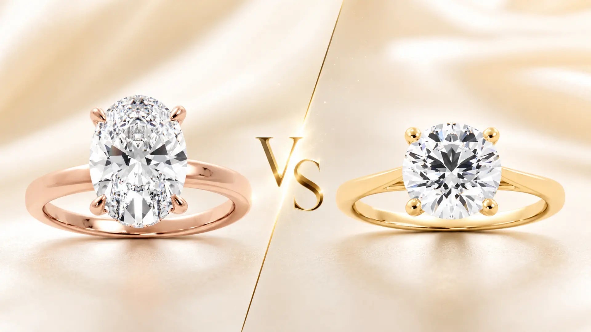 Oval vs round solitaire engagement rings in rose gold and yellow gold designs