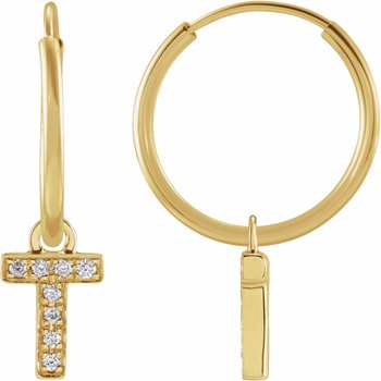 14K .03 CTW Natural Diamond Single Initial T Hoop Earring