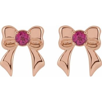 14K Natural Pink Tourmaline Bow Stud Earrings