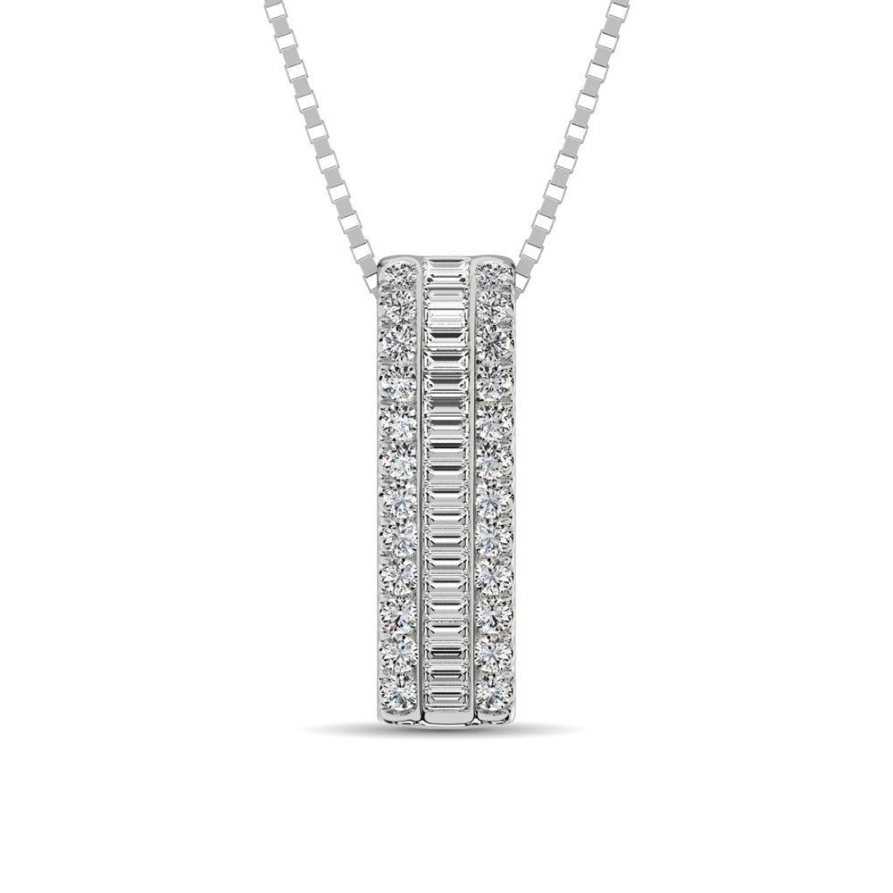 14K White Gold Round And Baguette Diamond 1/3 CT.TW. Drop Bar Pendant - Balacia