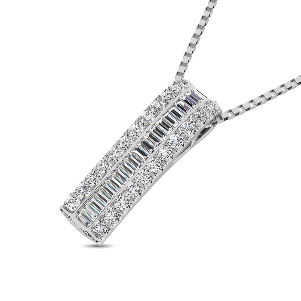 14K White Gold Round And Baguette Diamond 1/3 CT.TW. Drop Bar Pendant - Balacia