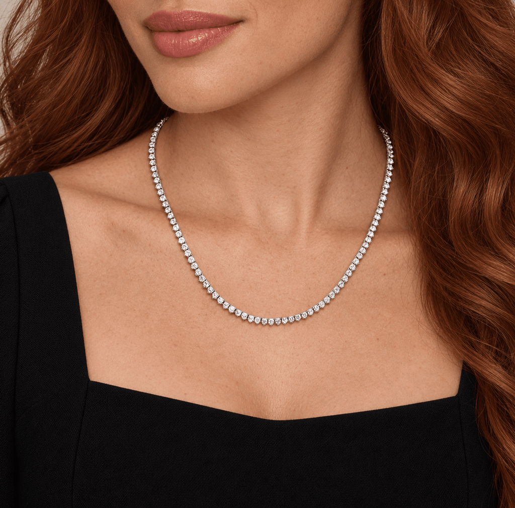 3 prong moissanite necklace on woman