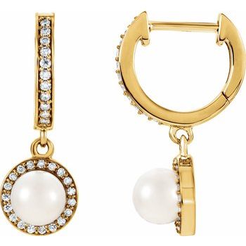 14K Cultured White Freshwater Pearl &amp; 1/5 CTW Natural Diamond Earrings