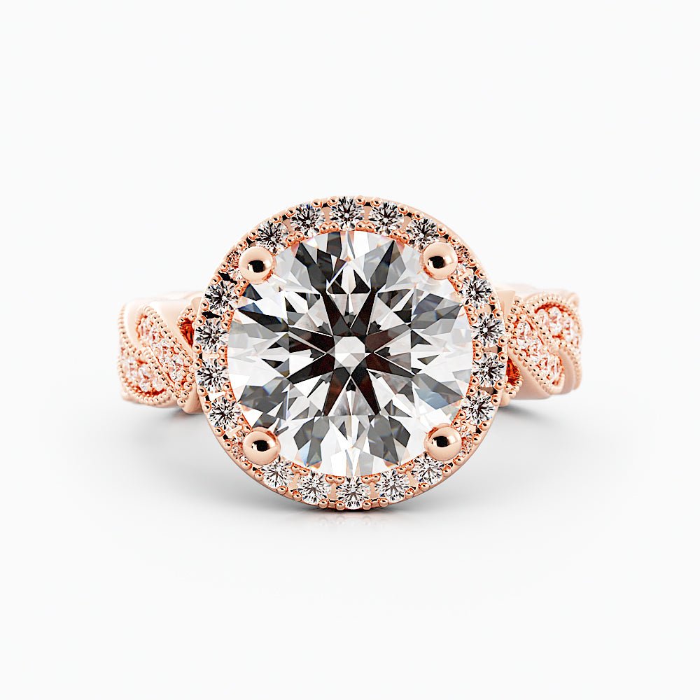 3.3 Carat Round Diamond Twist Halo Engagement Ring 14k Rose Gold - Balacia