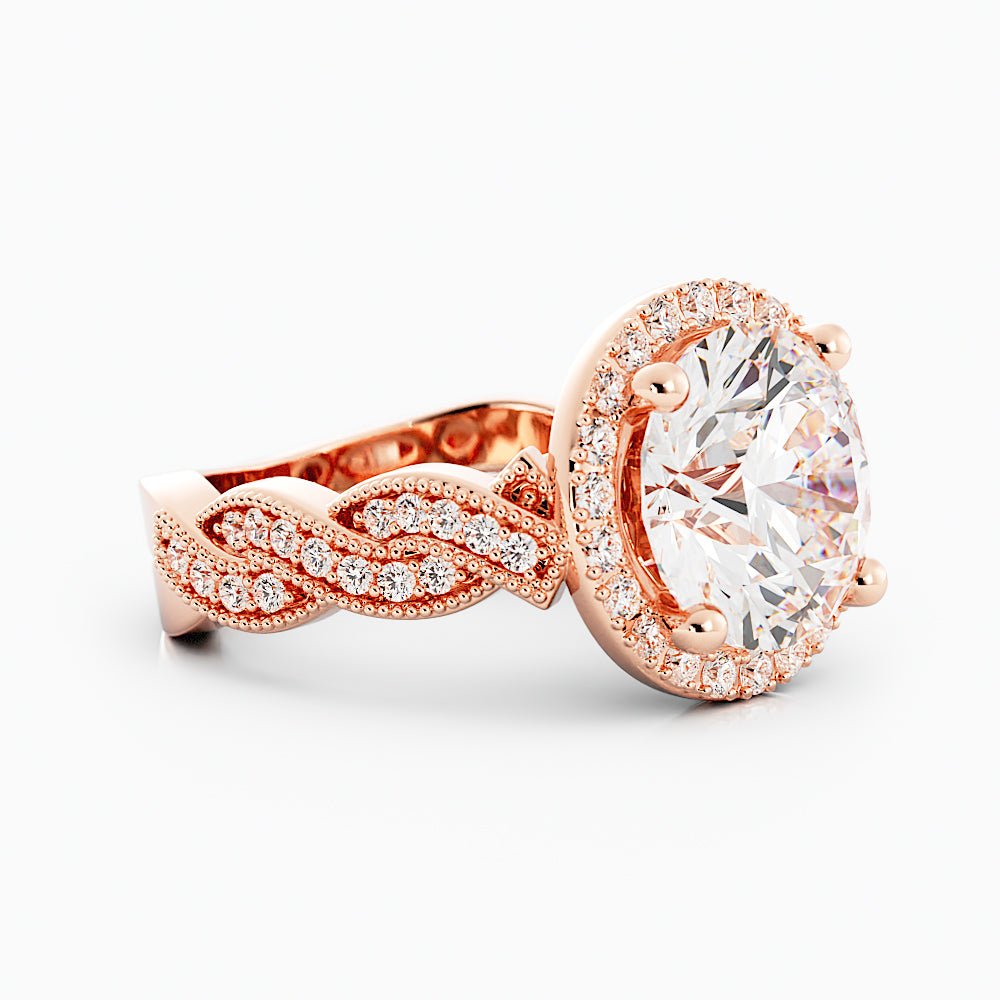 3.3 Carat Round Diamond Twist Halo Engagement Ring 14k Rose Gold - Balacia