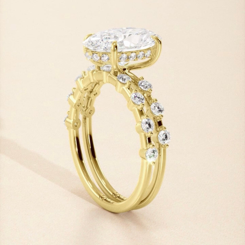 Oval Single Prong Bubble Band Engagement Ring Set