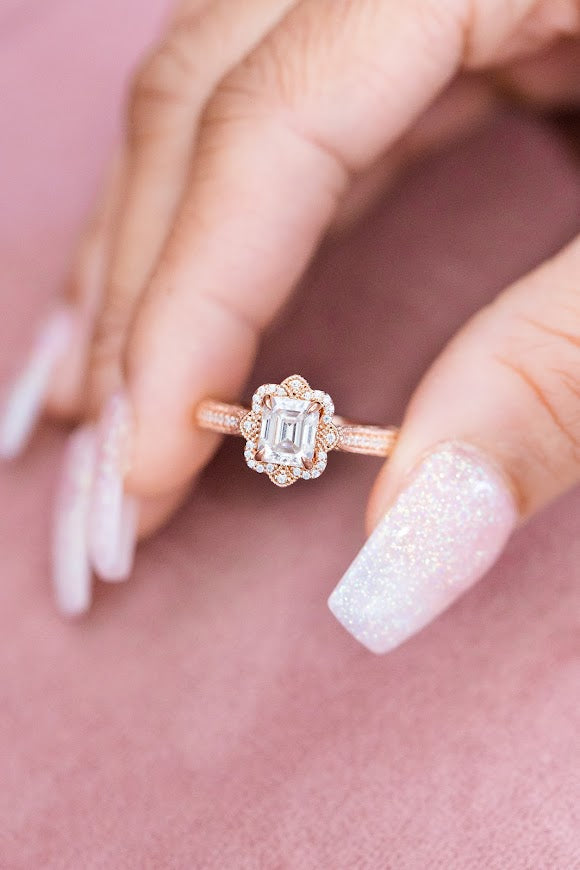 1.5 ctw Emerald Cut Natural Diamond Vintage Halo Engagement Ring