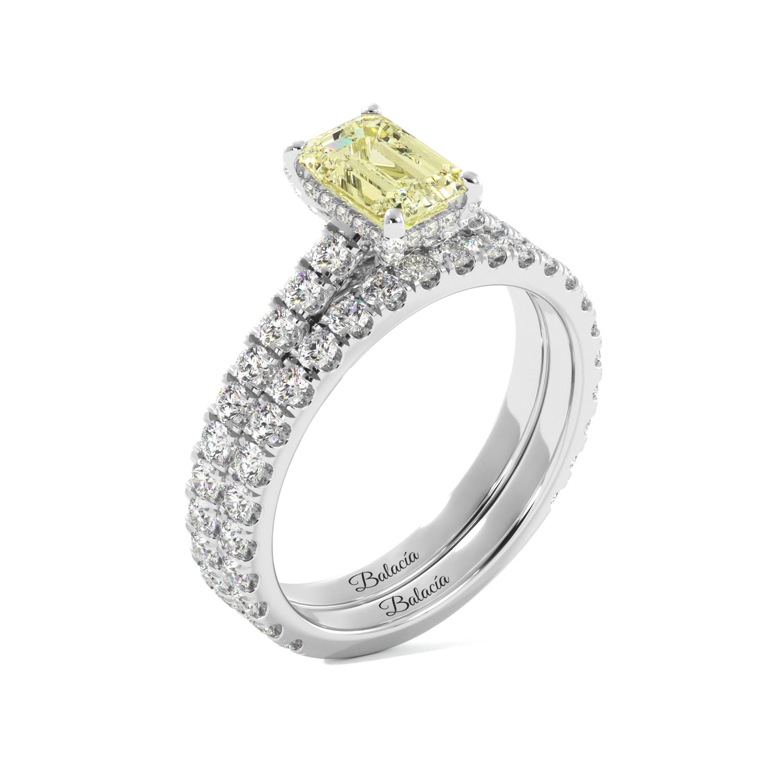 Fancy Yellow Emerald Cut Studded Prongs with Halo 3/4 Eternity Engagement Ring