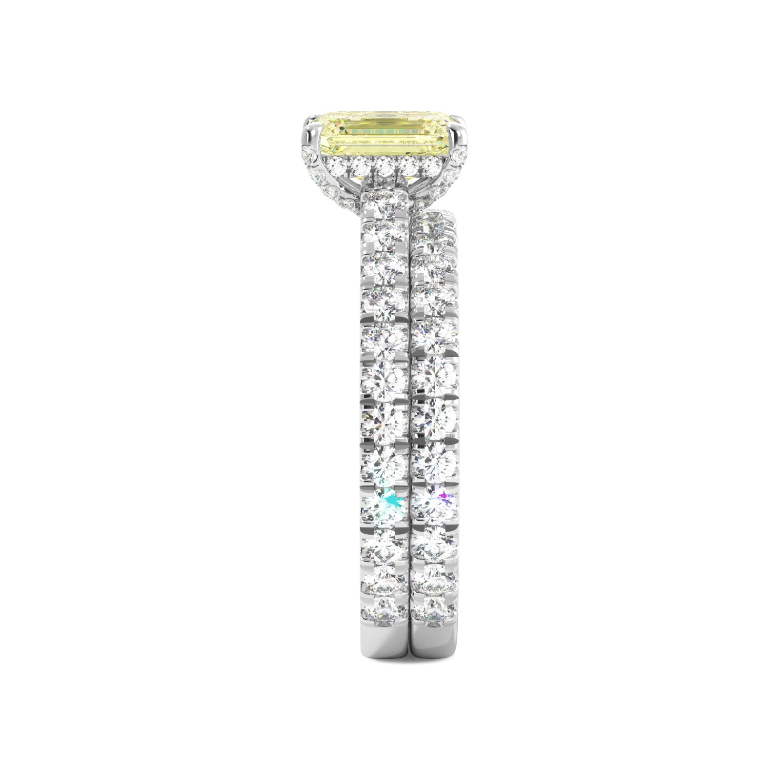 Fancy Yellow Emerald Cut Studded Prongs with Halo 3/4 Eternity Engagement Ring