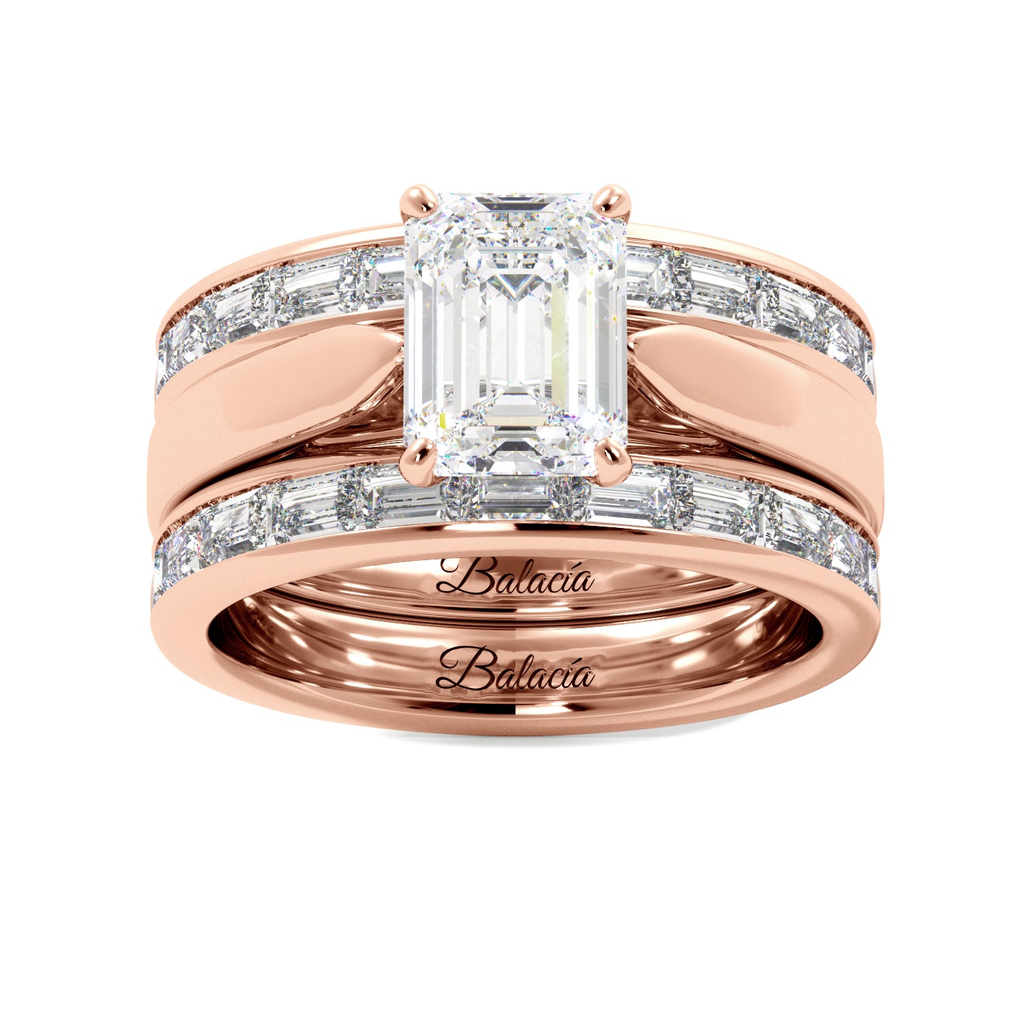 Emerald Cut Solitaire Bagguette Bands Engagement Ring Set