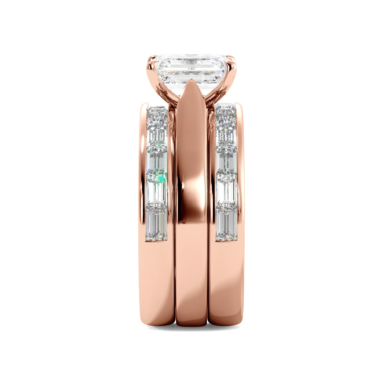 Emerald Cut Solitaire Bagguette Bands Engagement Ring Set