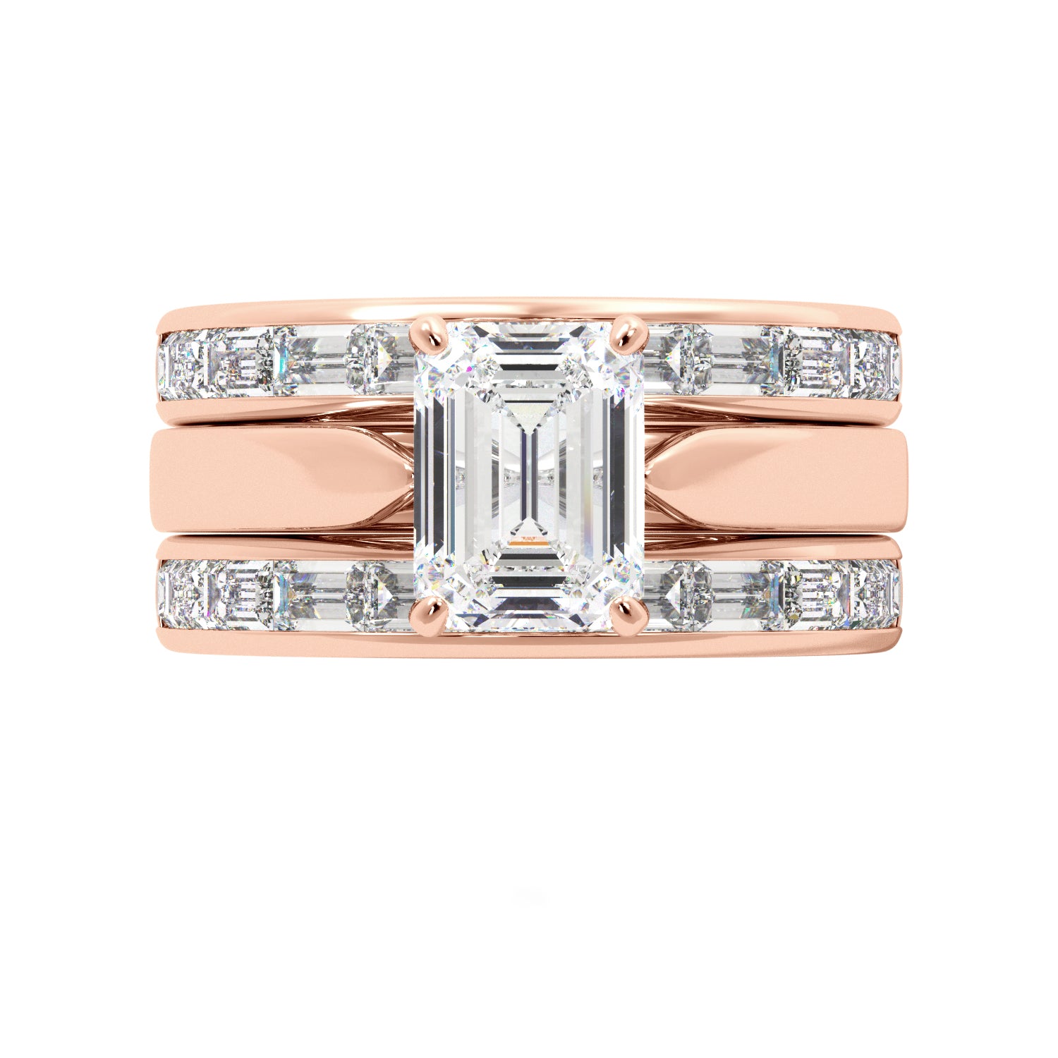 Emerald Cut Solitaire Bagguette Bands Engagement Ring Set