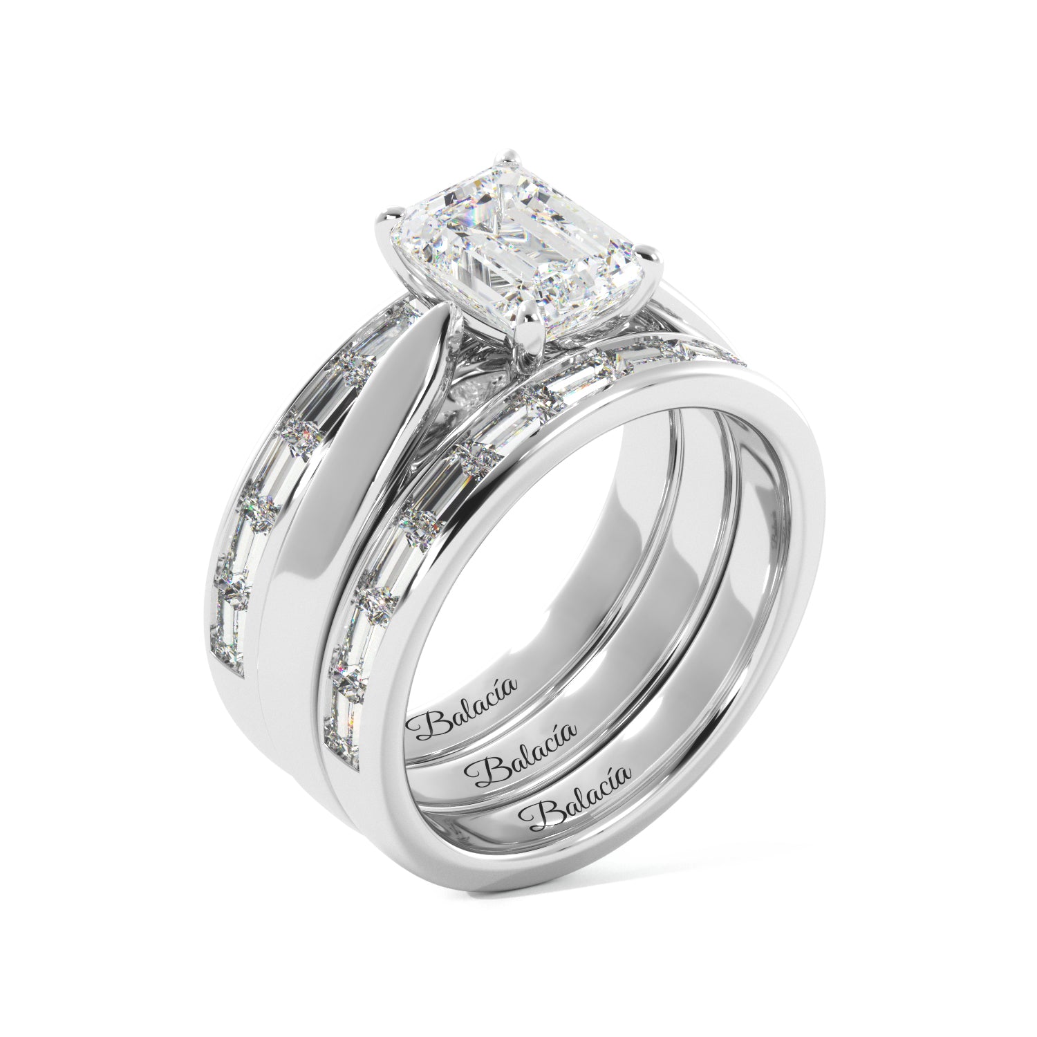 Emerald Cut Solitaire Bagguette Bands Engagement Ring Set