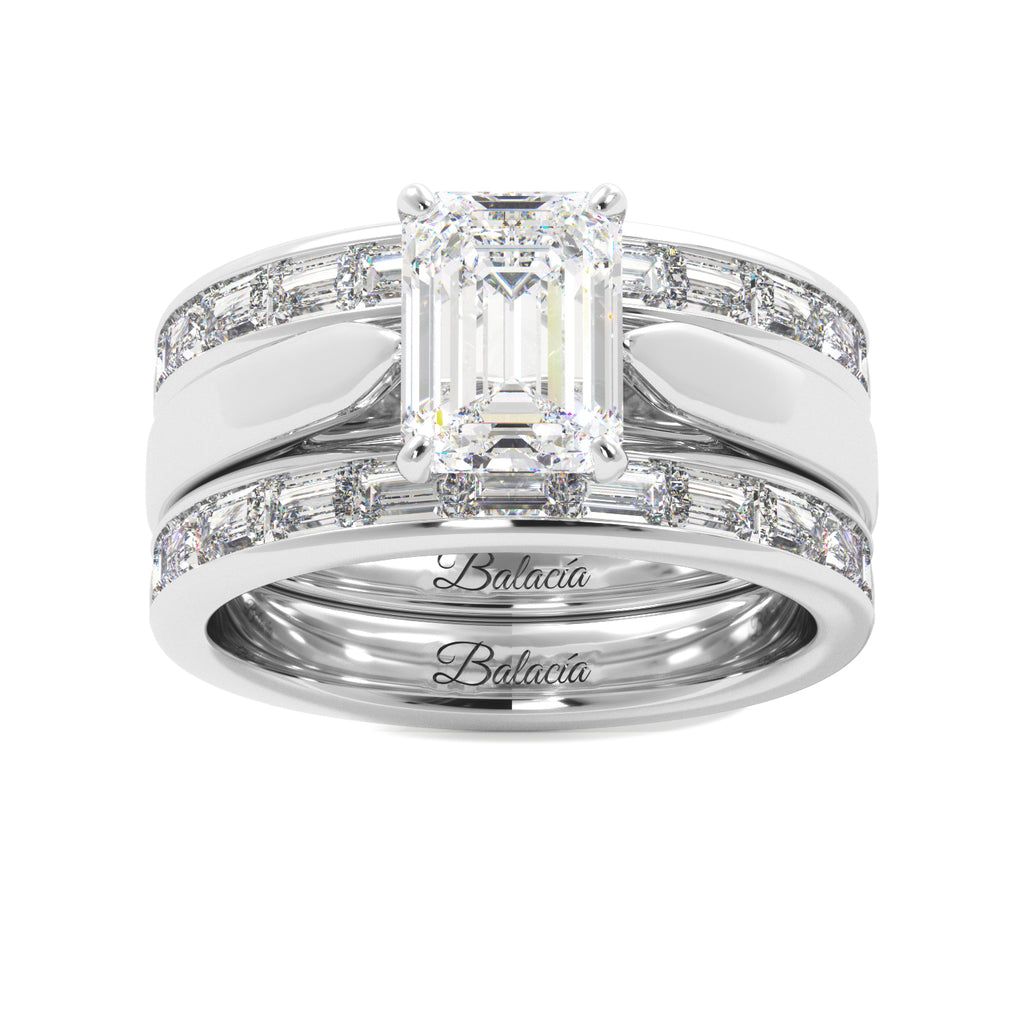 Emerald Cut Solitaire Bagguette Bands Engagement Ring Set