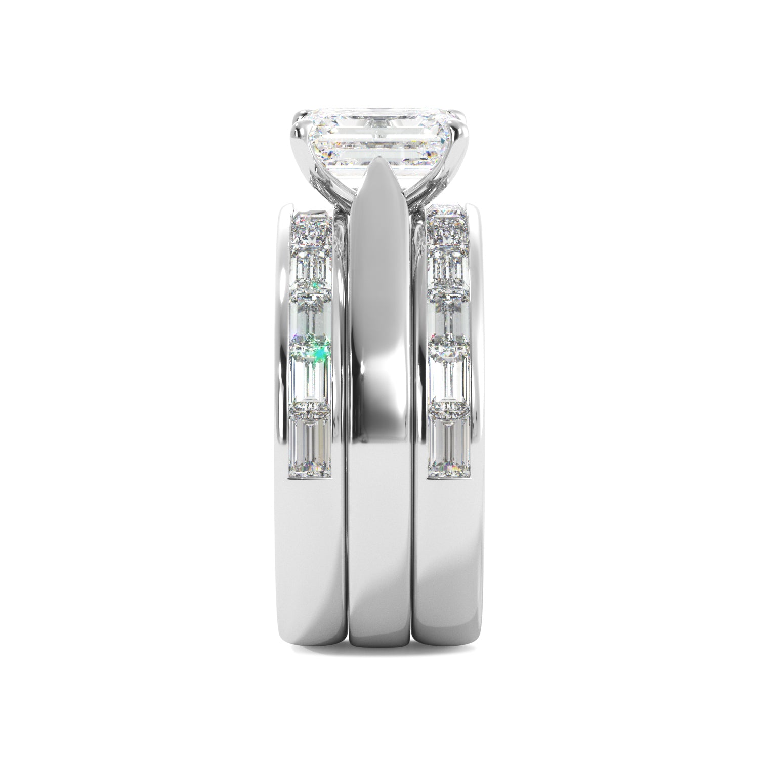 Emerald Cut Solitaire Bagguette Bands Engagement Ring Set