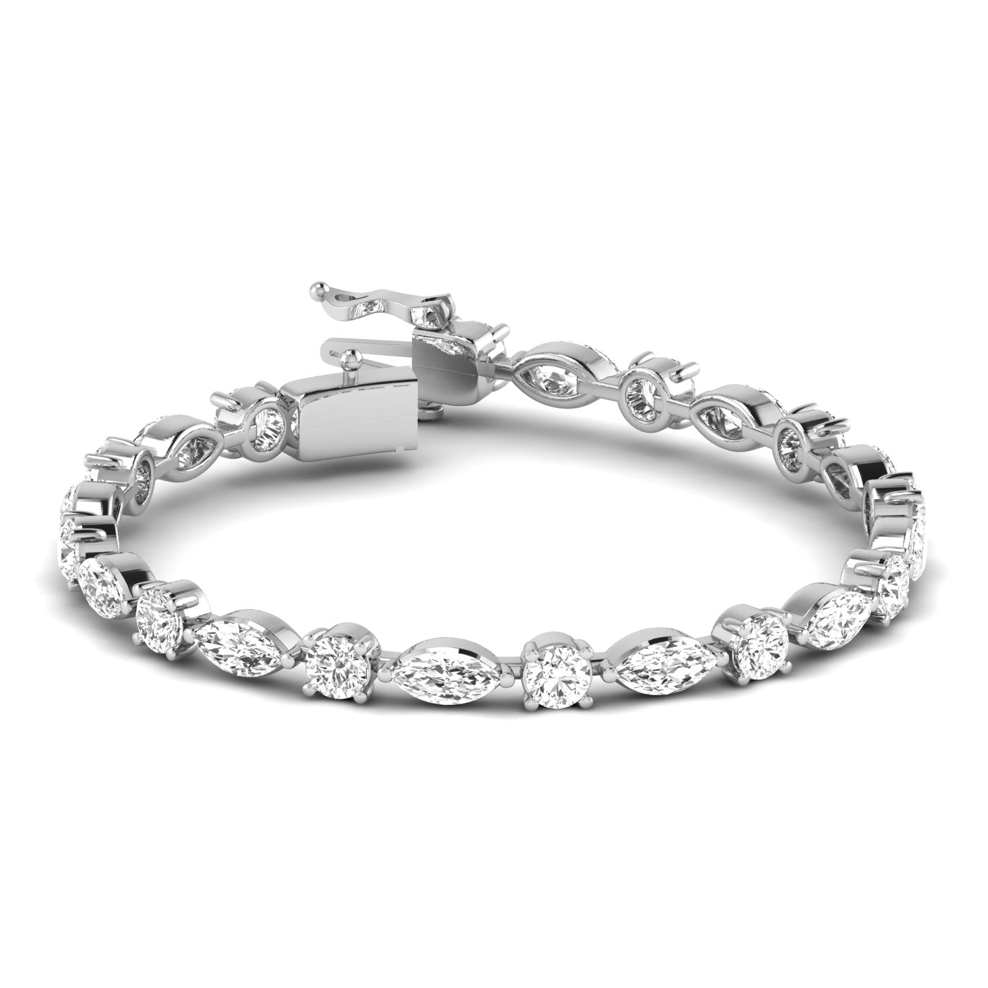 Dynamic Round & Marquise Diamond Bracelet - Featuring a stunning mix of round and marquise diamonds for a bold, elegant design | White Gold | Front View