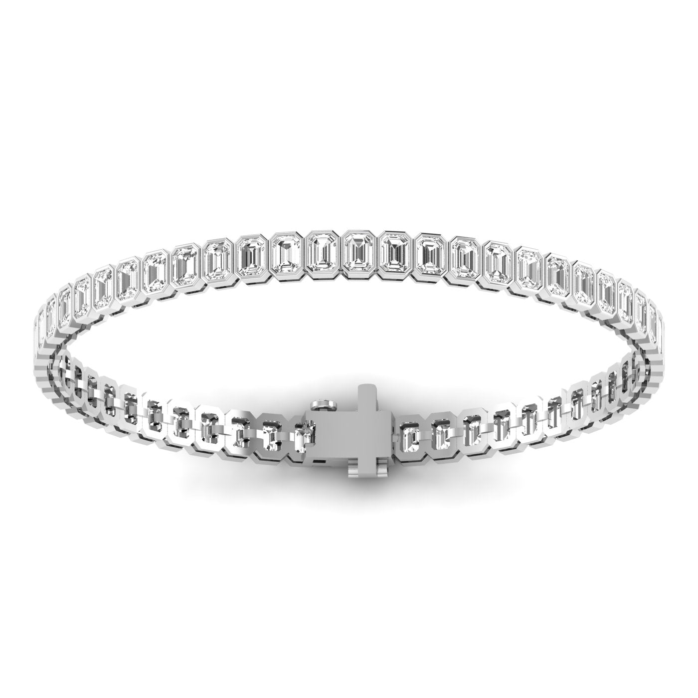 Gleaming Bezel Emerald Cut Diamond Tennis Bracelet - Elegant design with bezel-set emerald cut diamonds | White Gold | Back View