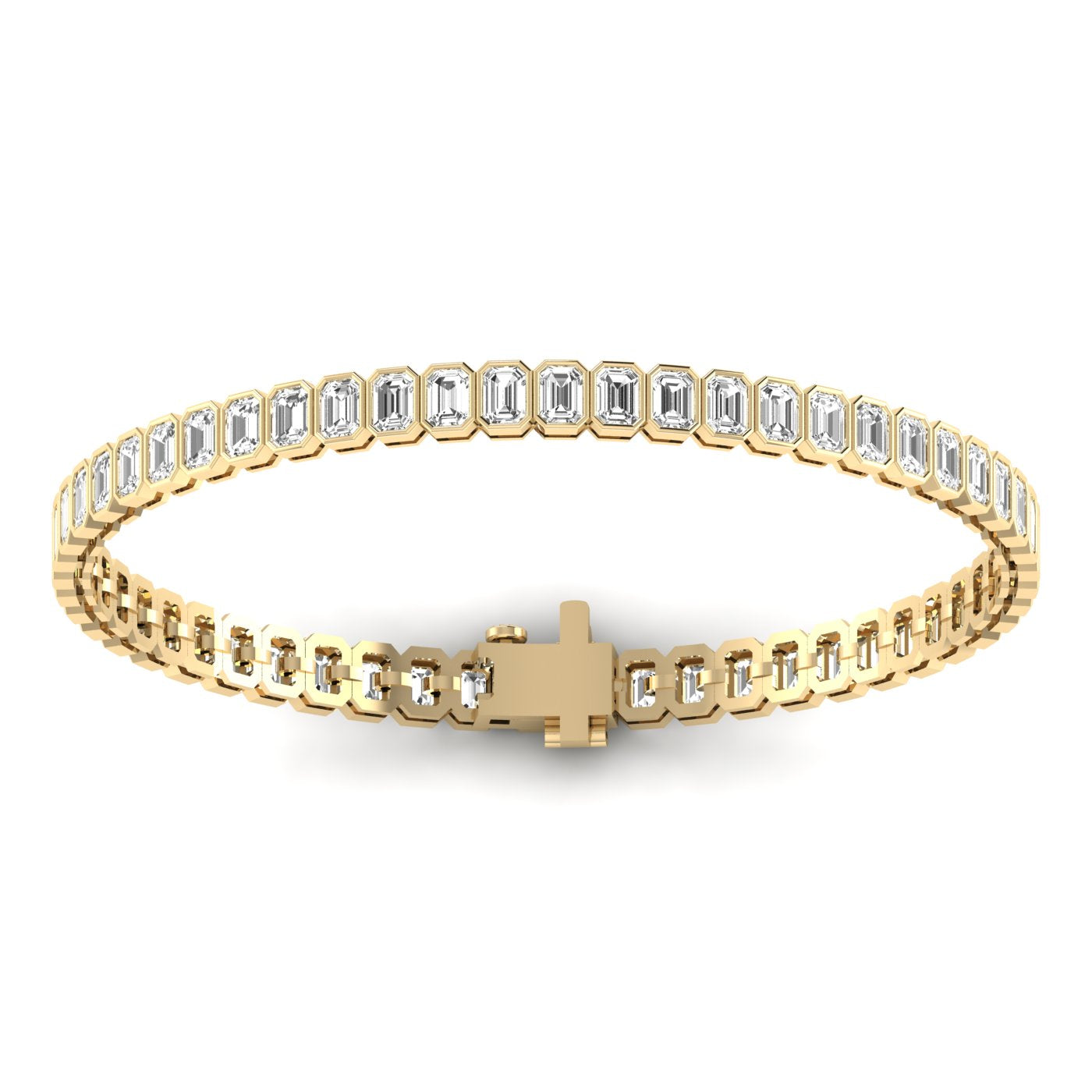 Gleaming Bezel Emerald Cut Diamond Tennis Bracelet - Elegant design with bezel-set emerald cut diamonds | Yellow Gold | Back View