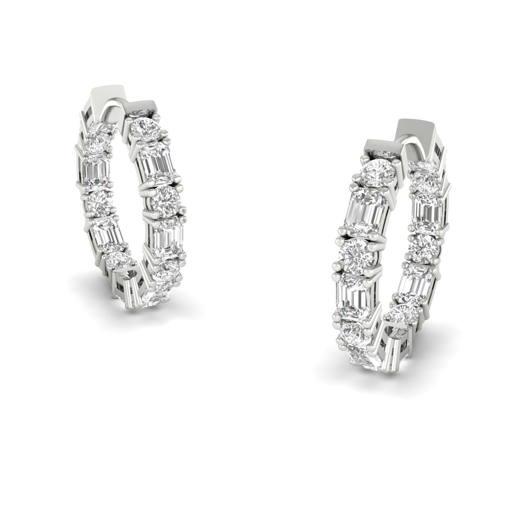 Elegant round and emerald cut diamond hoop earrings featuring a combination of radiant round diamonds and sleek emerald-cut stones, set in premium metal | White Gold | Side View